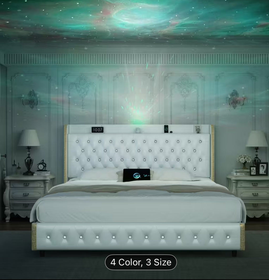 Modern Wingback Platform Bed w/ Smart Galaxy Projector, LED