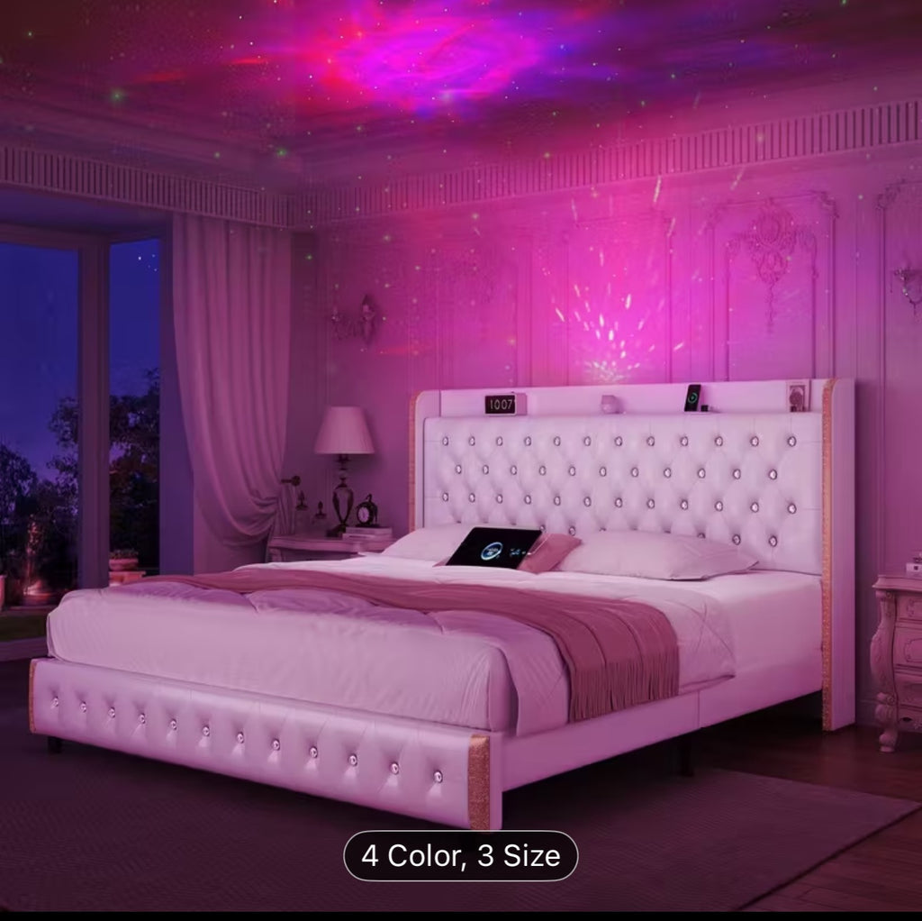 Modern Wingback Platform Bed w/ Smart Galaxy Projector & LED