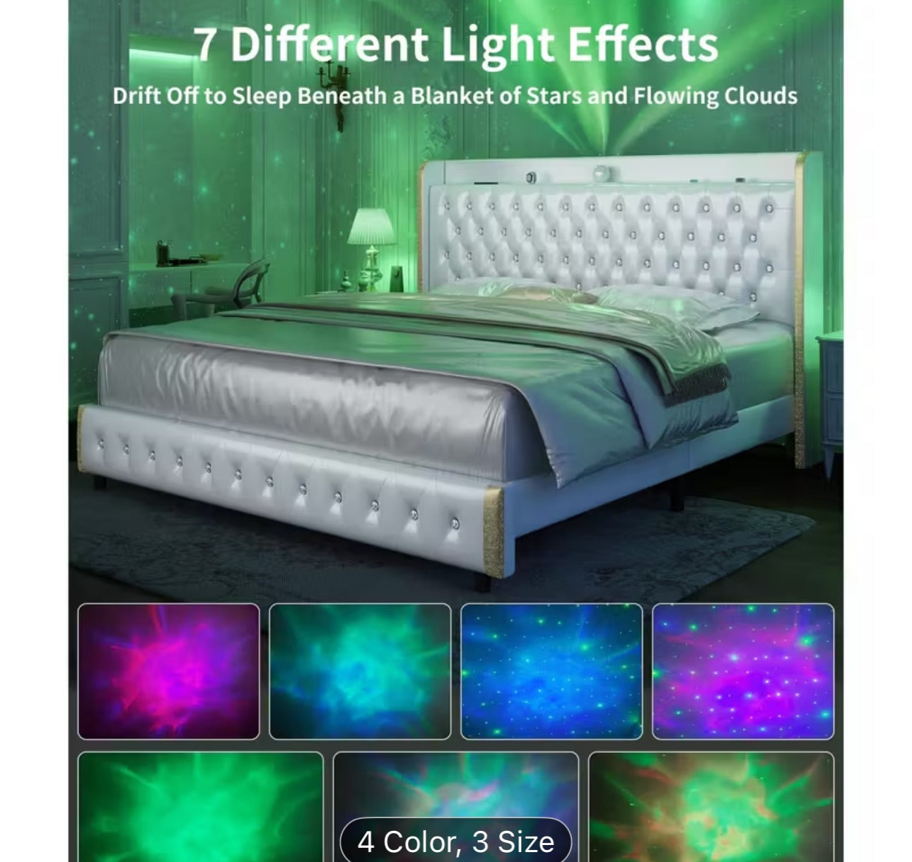 Modern Wingback Platform Bed w/ Smart Galaxy Projector & LED