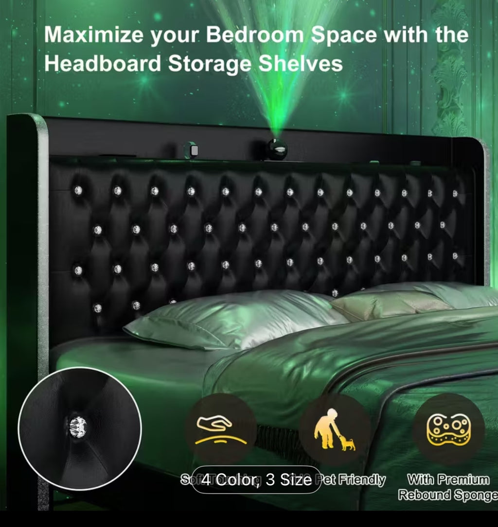 Modern Wingback Platform Bed w/ Smart Galaxy Projector & LED