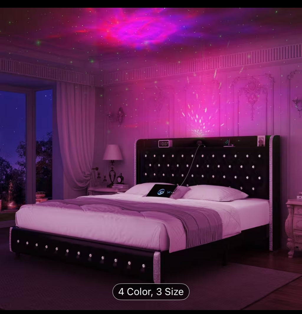 Modern Wingback Platform Bed w/ Smart Galaxy Projector & LED