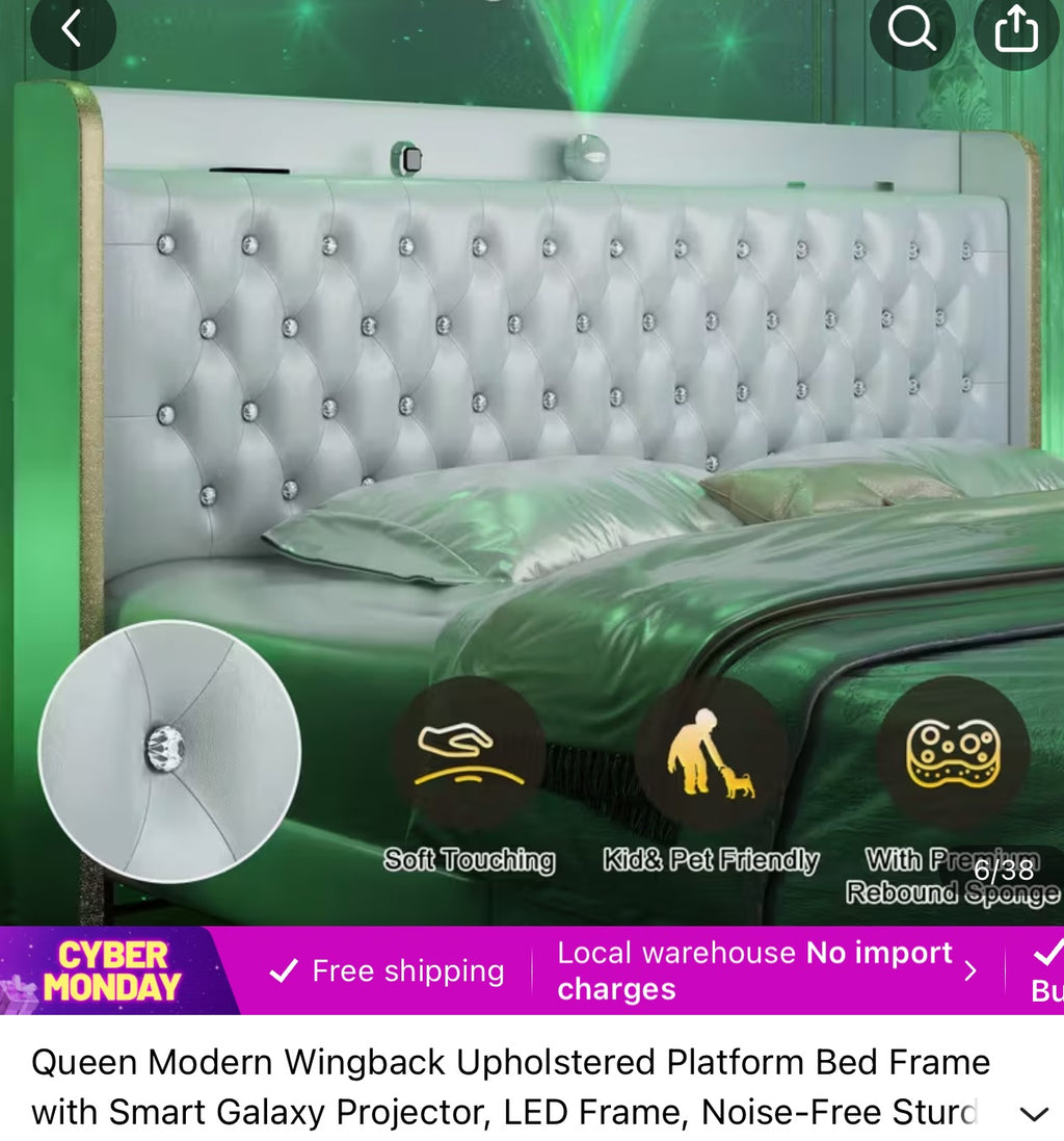 Modern Wingback Platform Bed w/ Smart Galaxy Projector & LED