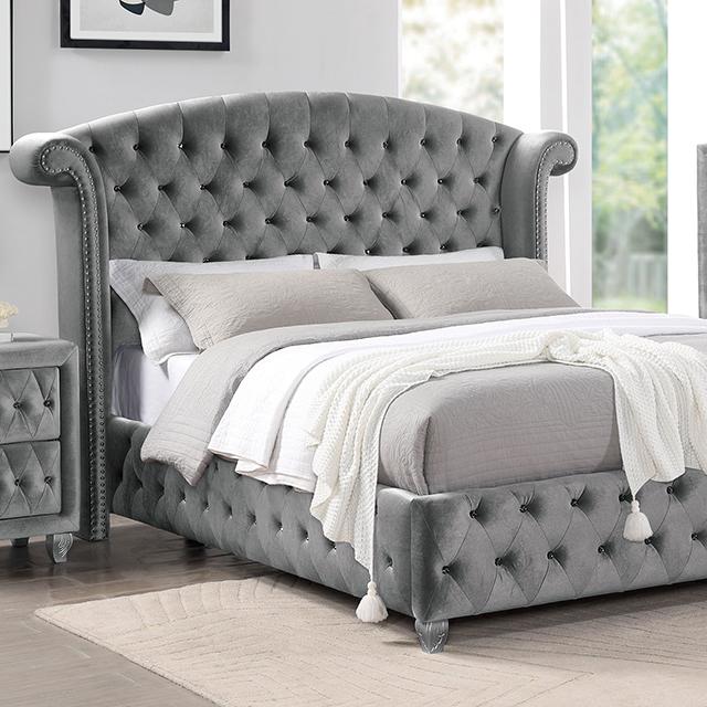 Gray Zohar Velvet Upholstered Bed.