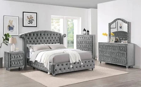 Gray Zohar Velvet Upholstered Bed.